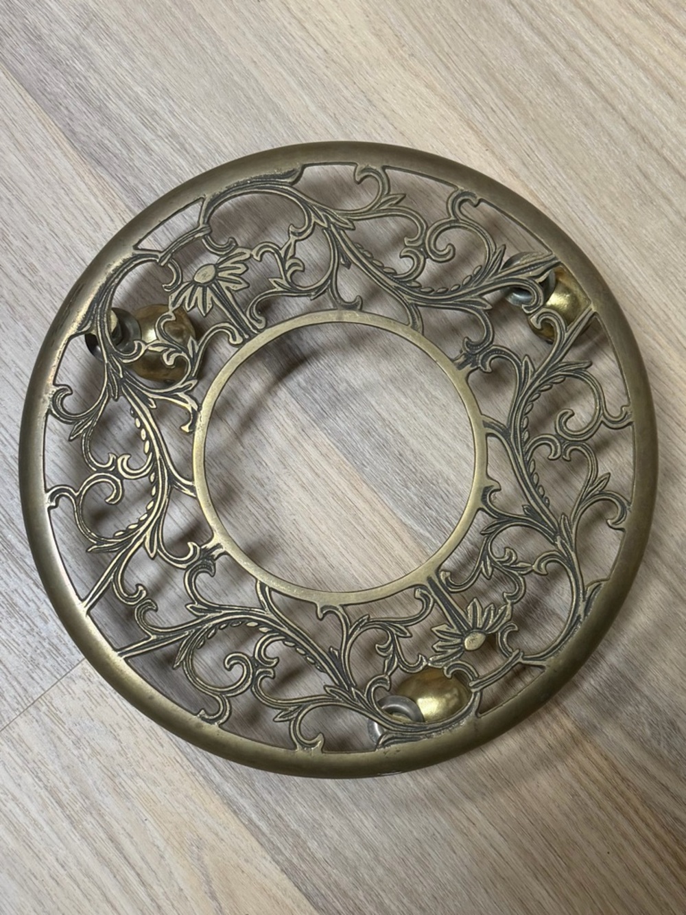 Decorative Brass Plant Stand Vintage Round Rolling Flower Pot Holder Patina
